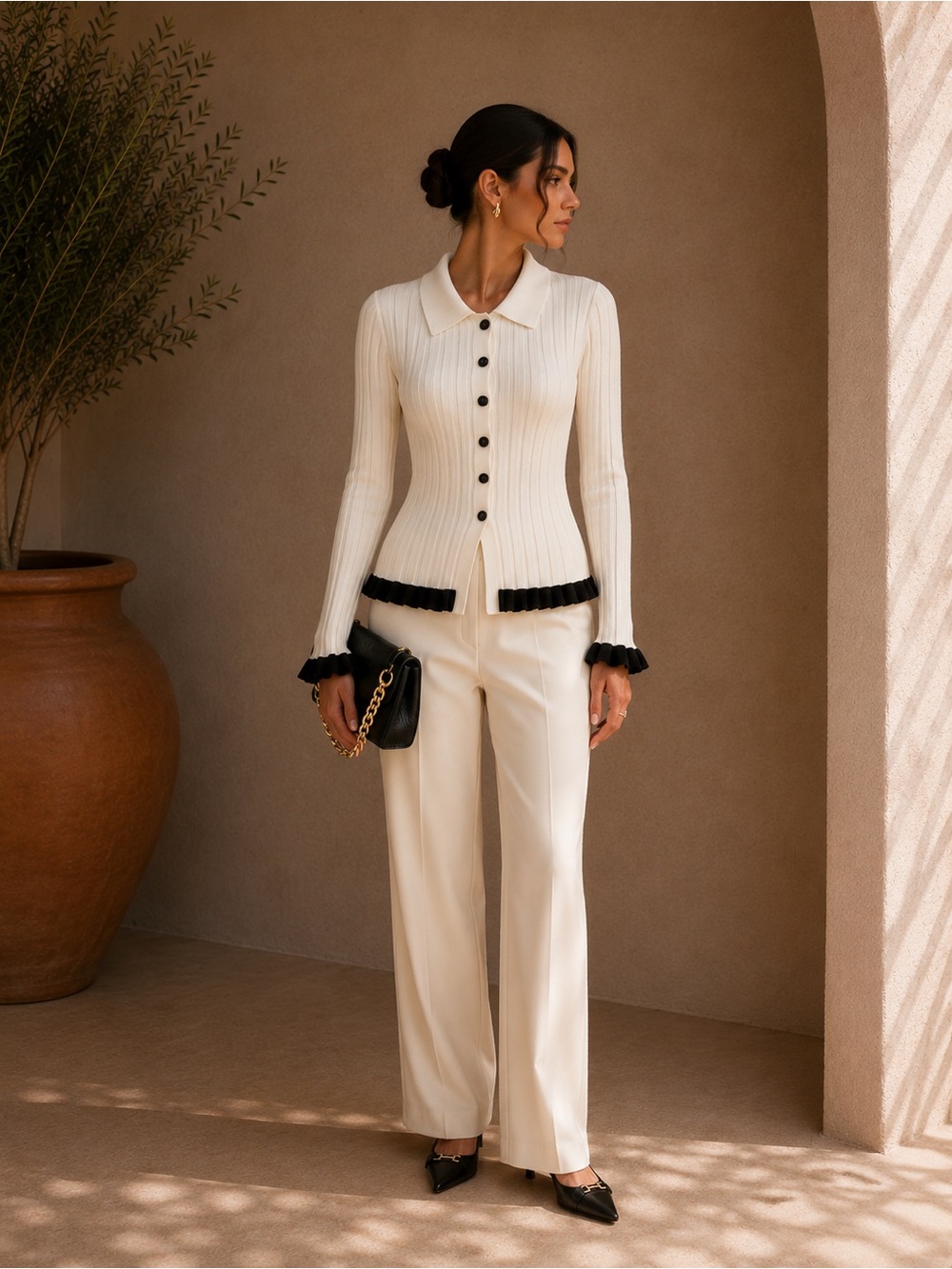 Commense White Ruffle Rib Knit Cardigan S | Coquette Feminine Sweater
